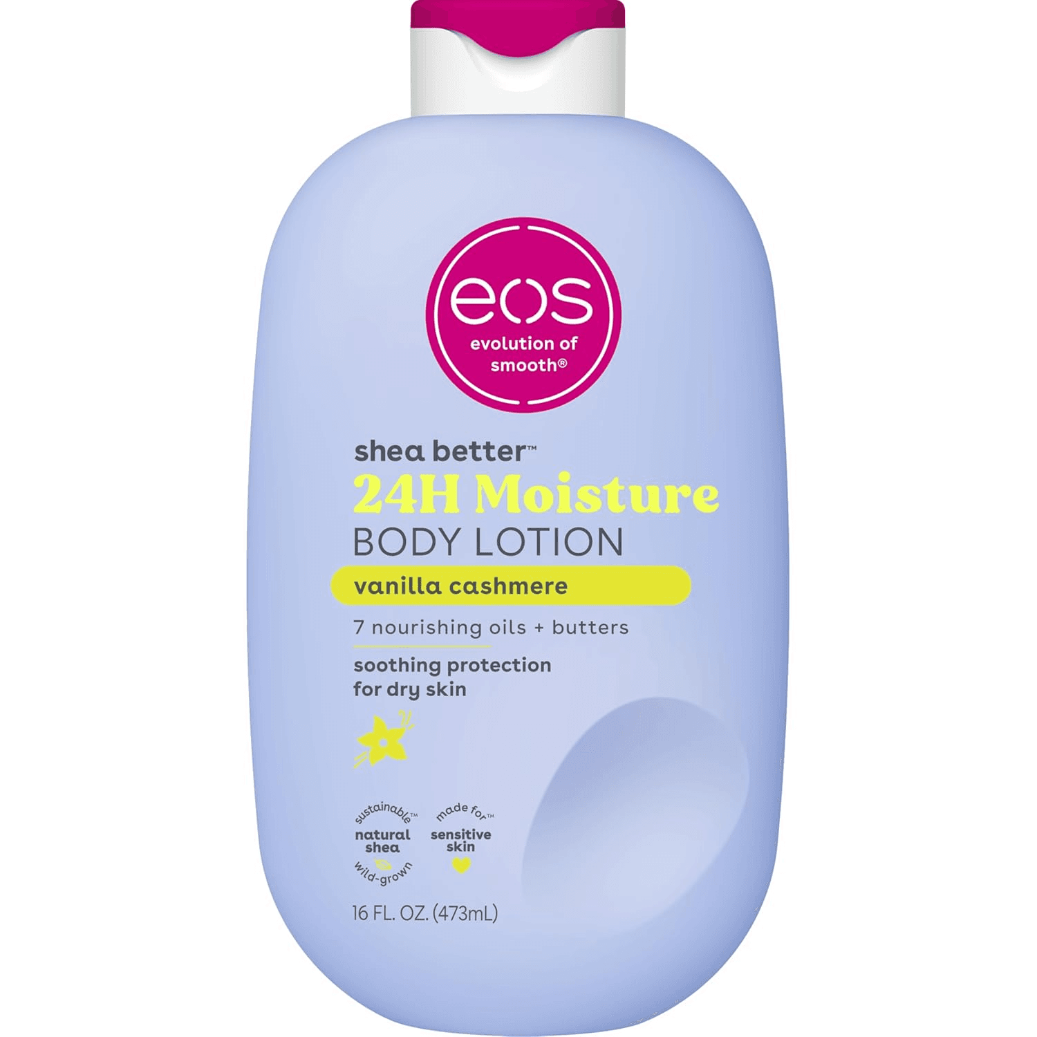 Producto eos Shea Better Loción corporal Vanilla Cashmere, cuidado de la piel con humedad las 24 horas, ligera y no grasosa, karité natural, vegano, loción corporal de vainilla, 16 onzas líquidas en Nimu Care